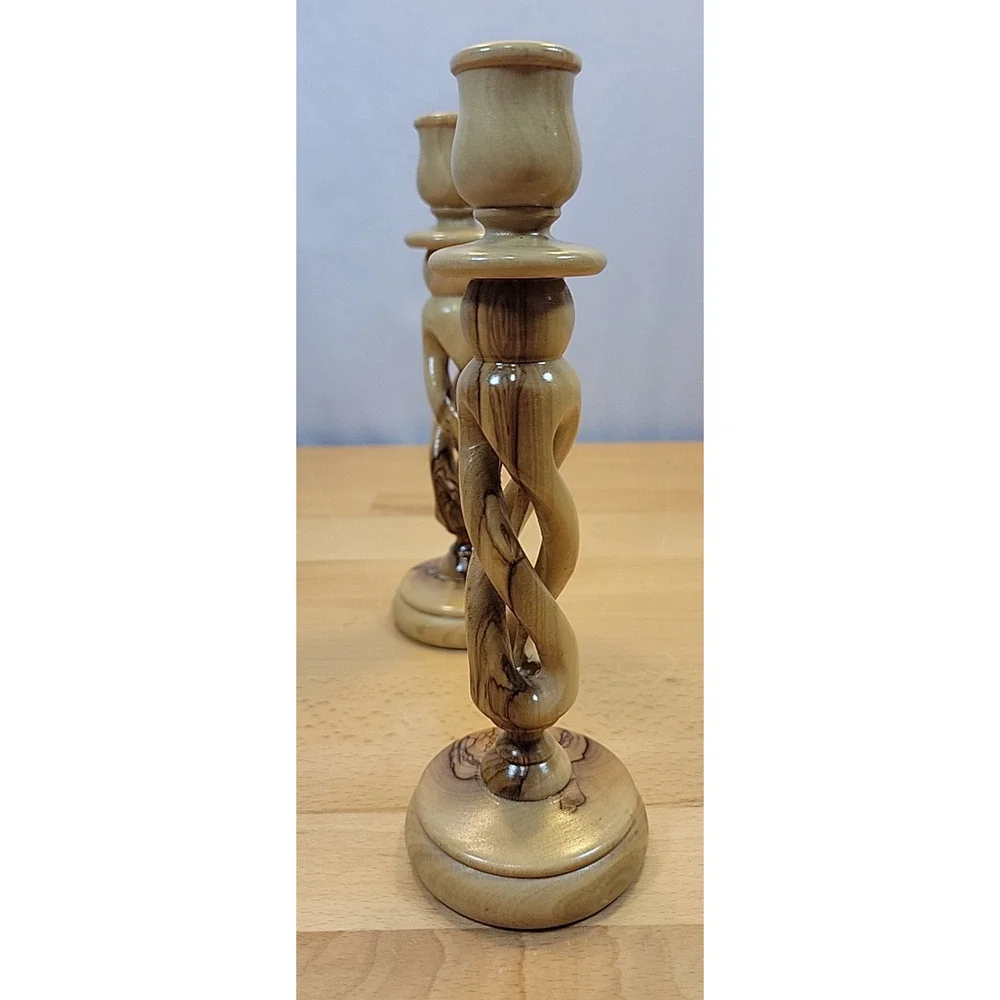 Vintage Twisted Turned wooden candlestick holders Pair carved spiral twist 7.5”